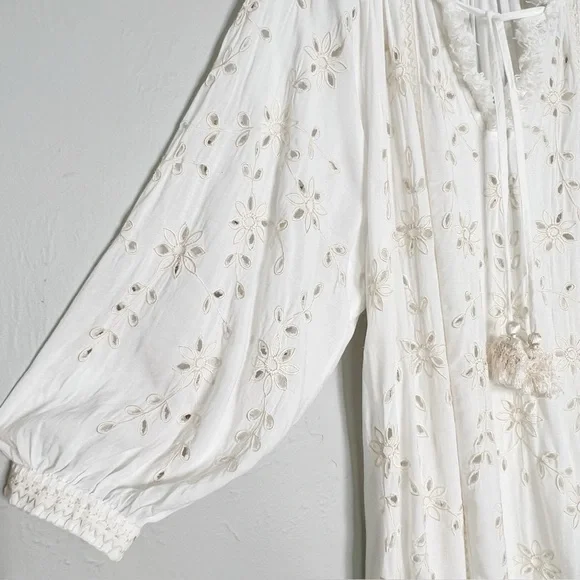 Sundance Trisha Eyelet White Fringe Trim V-Neck Tassel Tie CoverUp Dress Medium - Picture 7 of 11